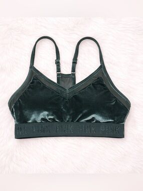 PINK Sport Velvet Forest Green Sports Bra Size Small Strappy Back Athleisure